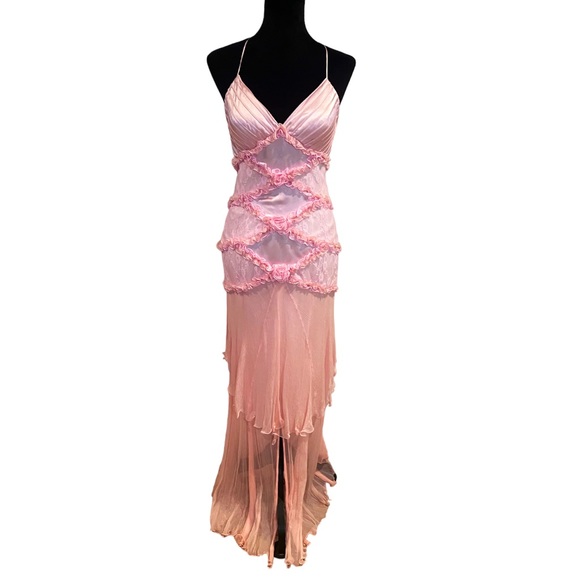 NWT CASSANDRA STONE SILK PINK DRESS W/ LACE OVERLAY DETAILS & BEADS HALTER TOP - Picture 3 of 11